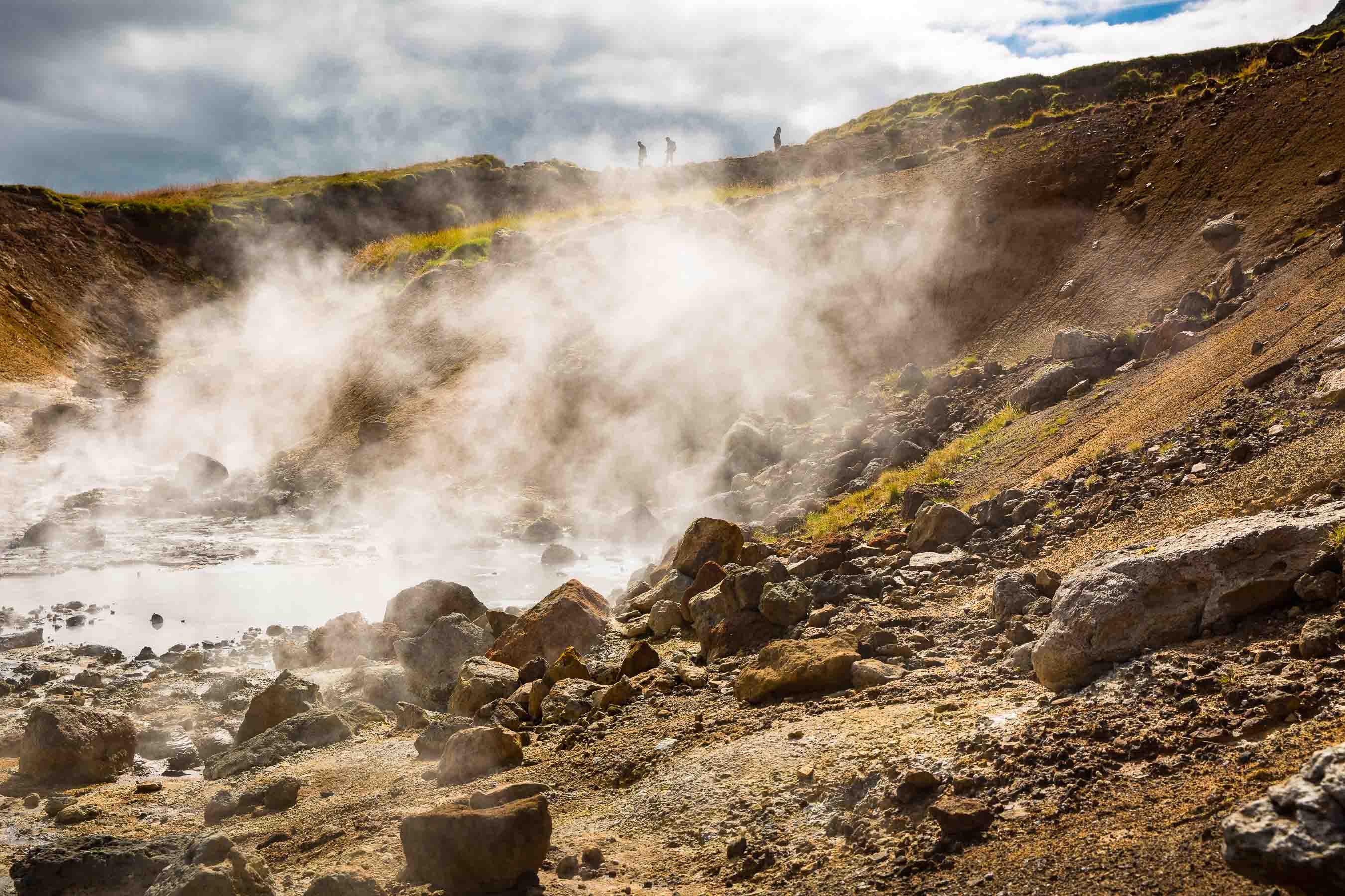 Hiking at Seltún, a geothermal area in Iceland 